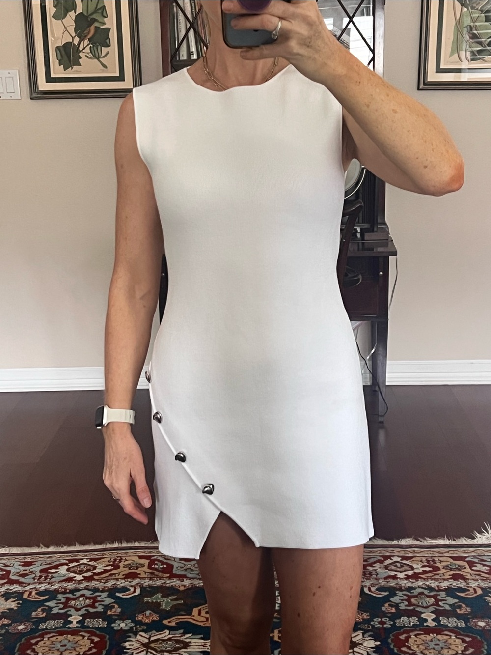 Zara White Sleeveless Sheath Dress with Button Detail